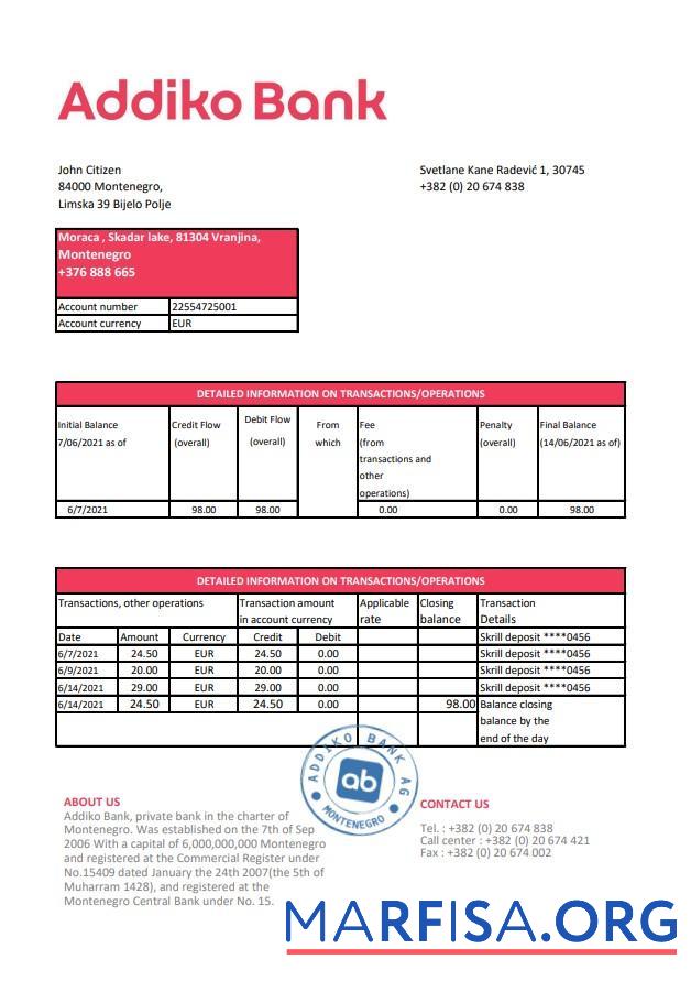 Downloadable Montenegro Addiko bank statement excel real example
